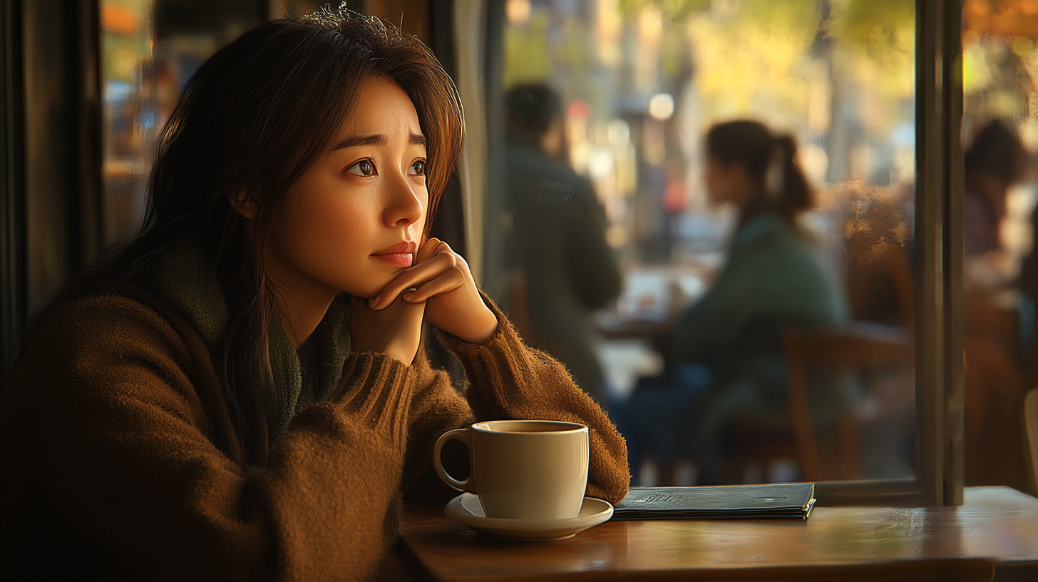 不安げに外を見つける女性